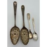 Silver spoons to include two bottom marked tablespoons with later decoration, one maker Hester