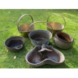 Brass jam pans, cast iron cauldron and other cast iron pots. Please note: Back two pans have been