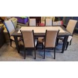 Good quality marble topped table and six upholstered chairs. Table 67cm h x 189cm w x 99cm d.
