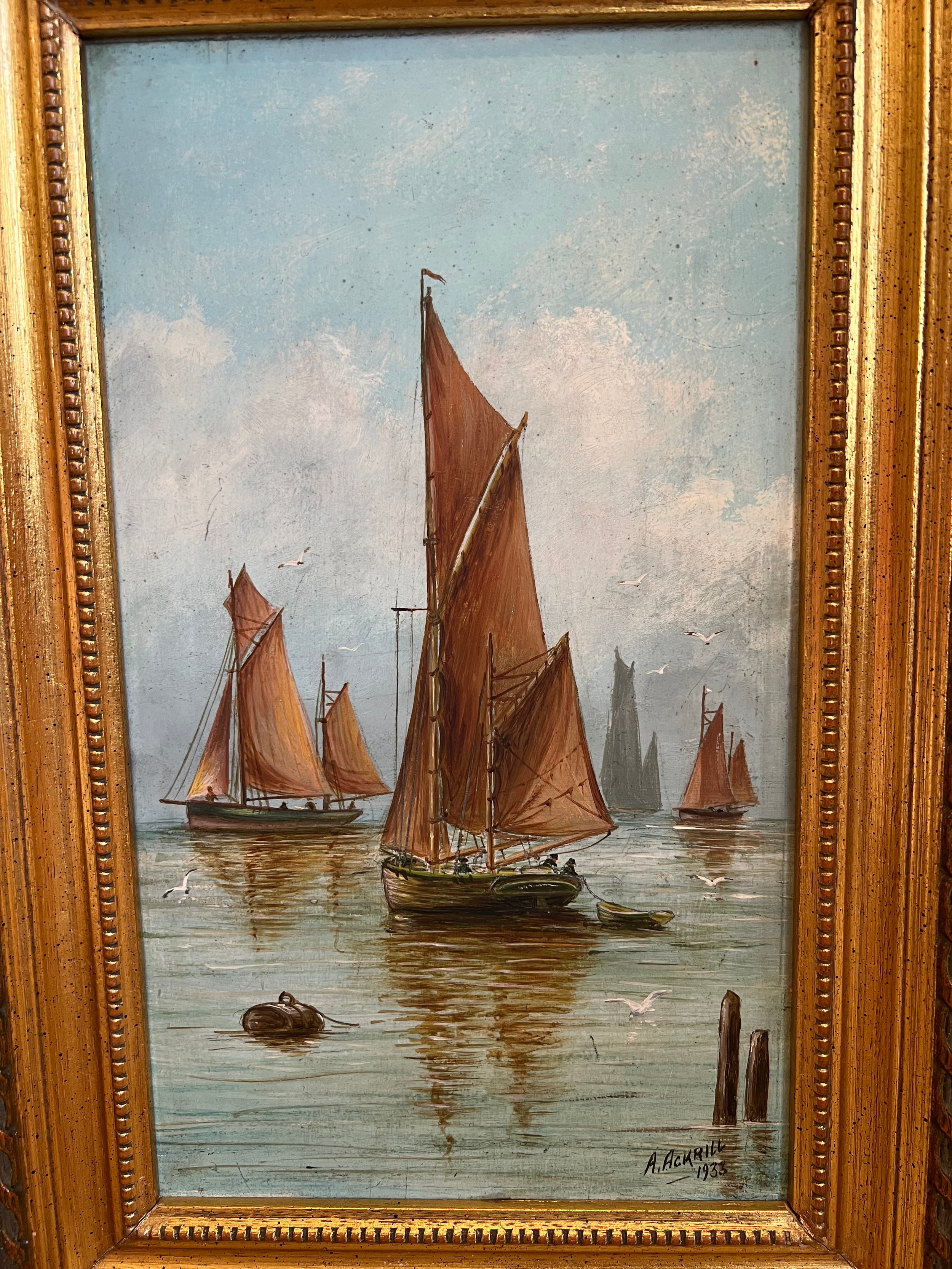 A. Ackrill - pair of oils on board, nautical scene of sailing ships in matching gilt frames. - Image 2 of 6