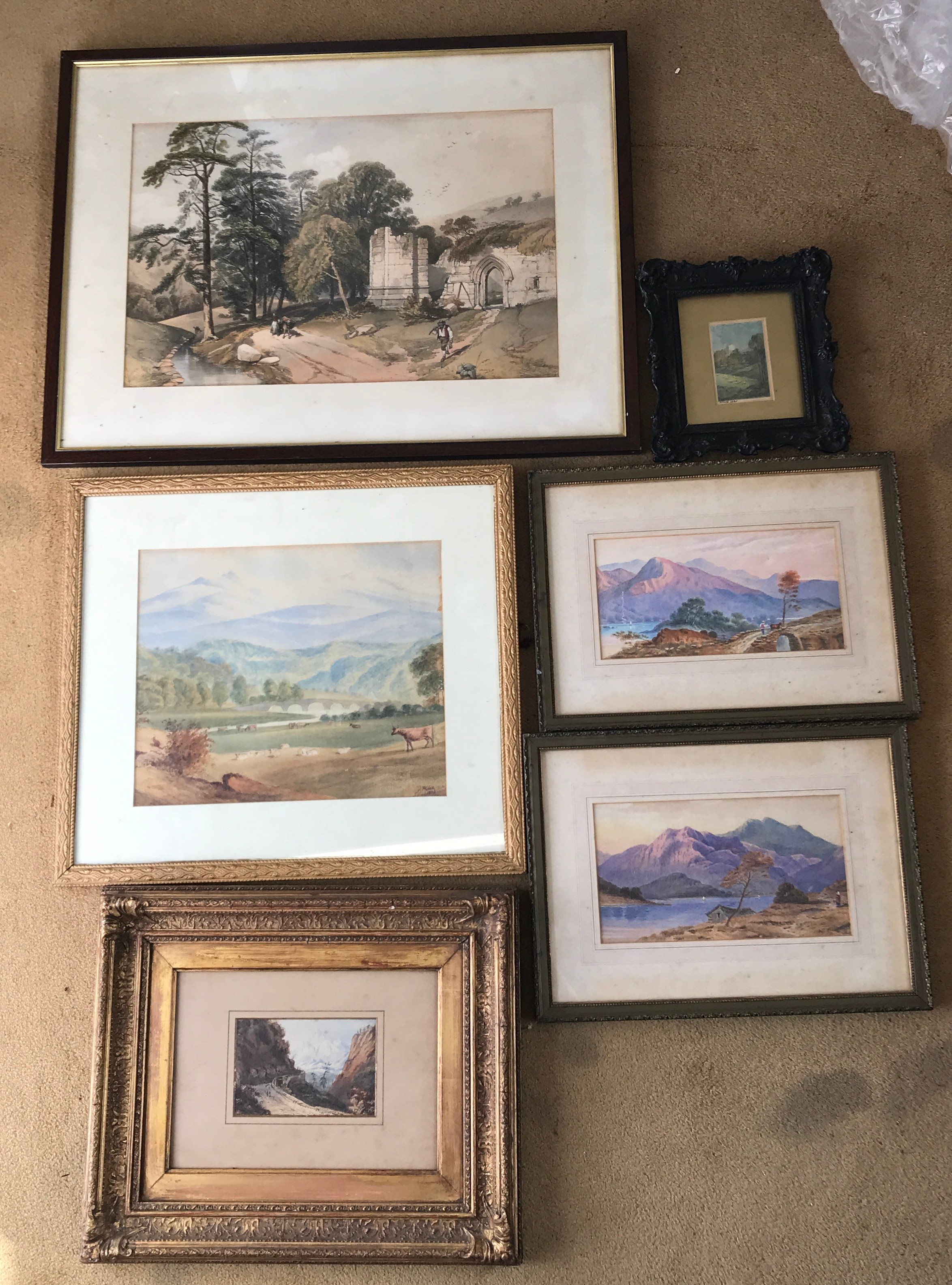 Various watercolours and pictures to include four watercolours - D. Müller 19thC mountain scene with
