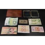 A miscellany of money with a Victorian wallet to include 2 x £1.00 notes, Spanish Cuban Dollar 1896,