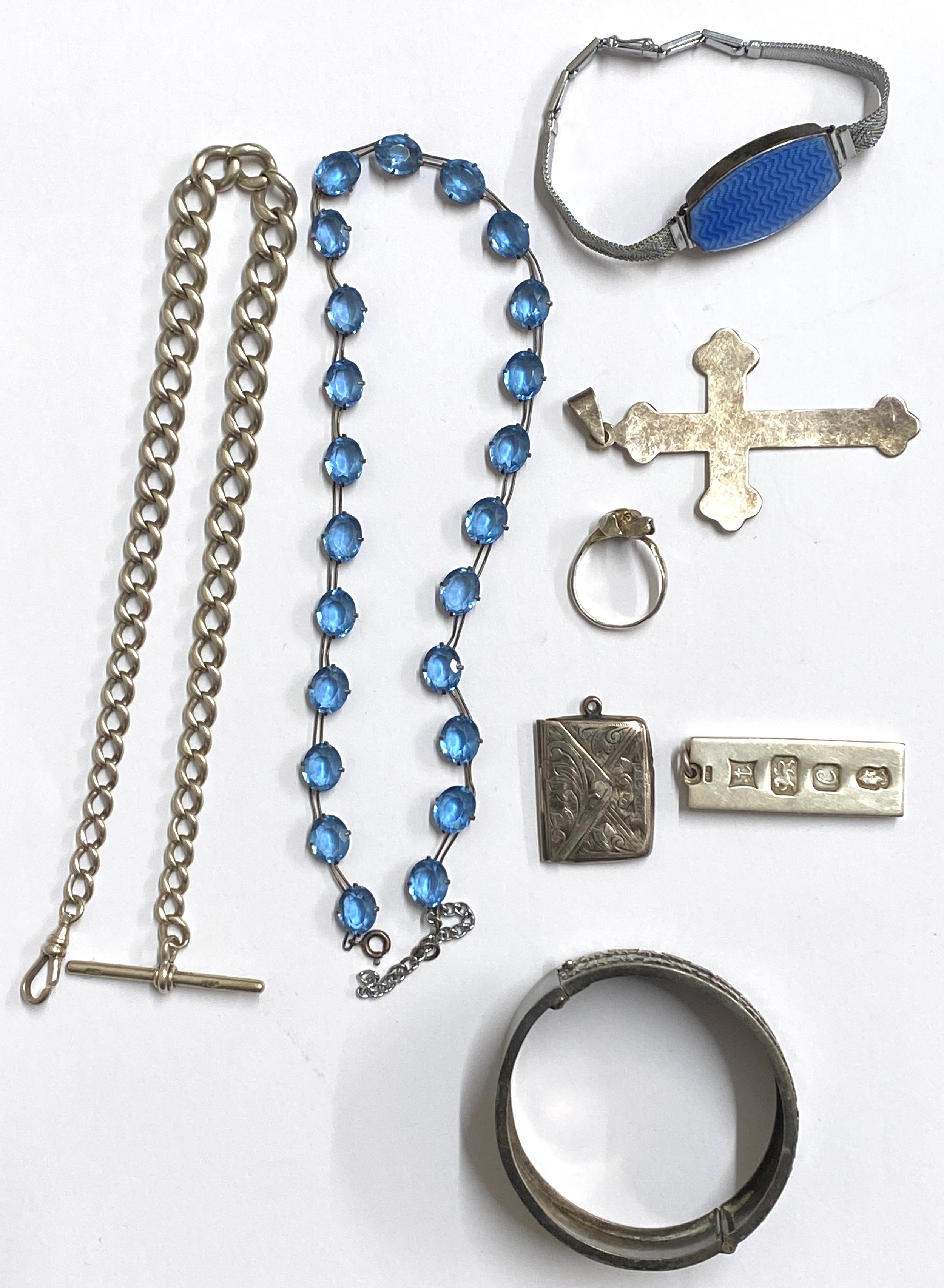 A collection of silver items to include ladies opening blue enamelled bracelet with inside mirror,
