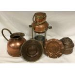 Selection of brass and copper to include a lamp height to top of handle 33cm, copper jug with Linton