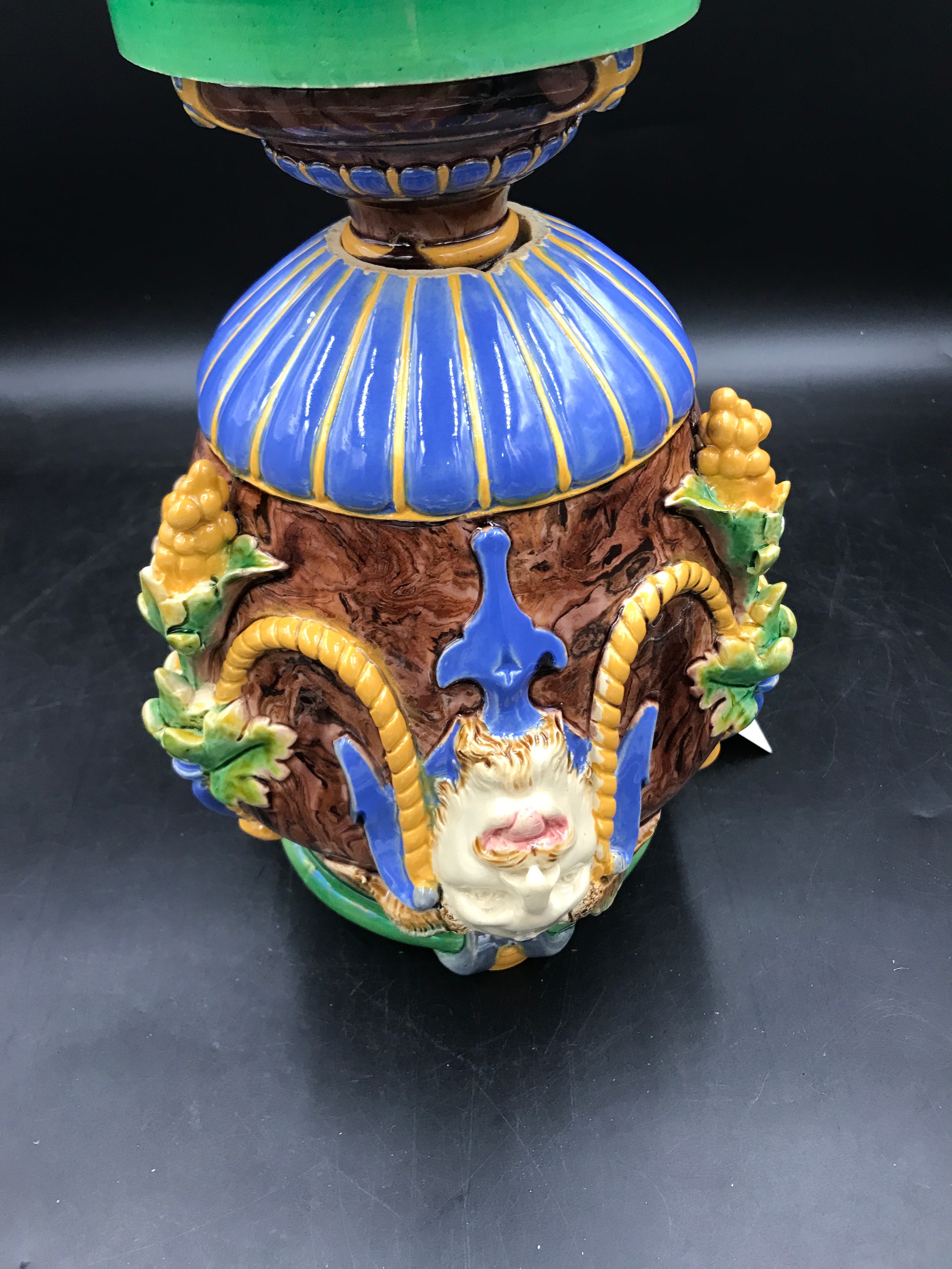A Minton majolica "Bacchus" vase applied with three satyr masks on a circular base, impressed - Image 6 of 7