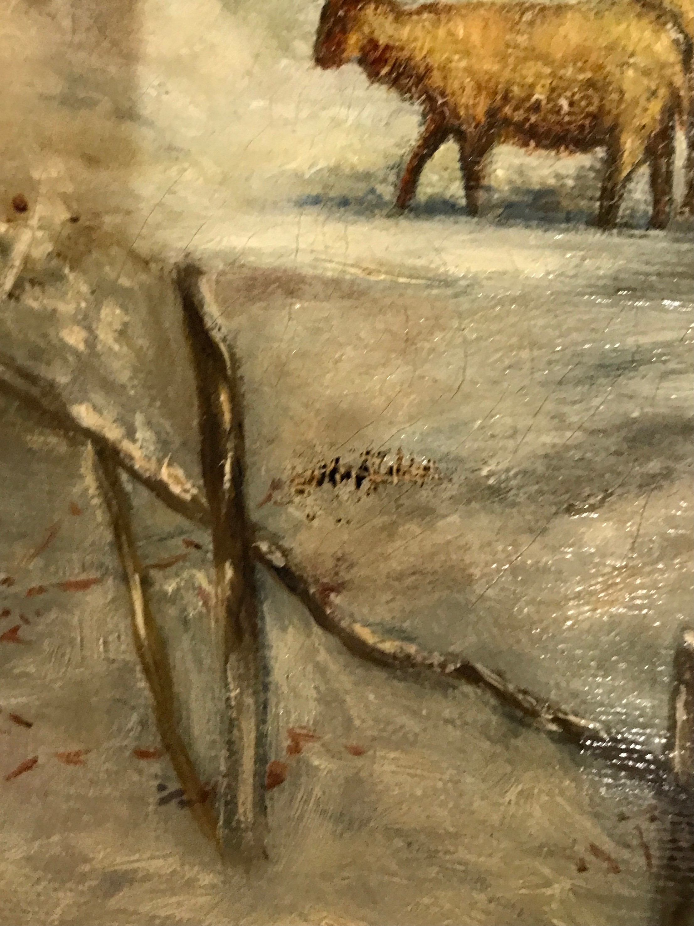 Oil on board of a winter scene depicting sheep and shepherdess, 51 x 33cm. Oil on board of a scene - Image 3 of 8