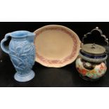 Ceramics to include a W Wood & Co biscuit barrel with EPNS Lid and fancy handle with a painted bowl,