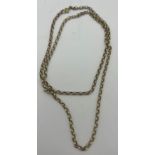 Yellow metal chain necklace, tests as 9 carat gold. 62cm long. Weight 10.5g.
