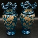 Two Venetian blue glass vases with gilt overlay, 34cm high