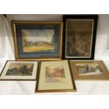 Collection of 5 watercolours to include one of Thwaite, signature indistinct, one of a street