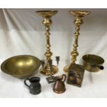 Collection of brass, copper and pewter to include two large candlesticks measuring 50cm h, a round