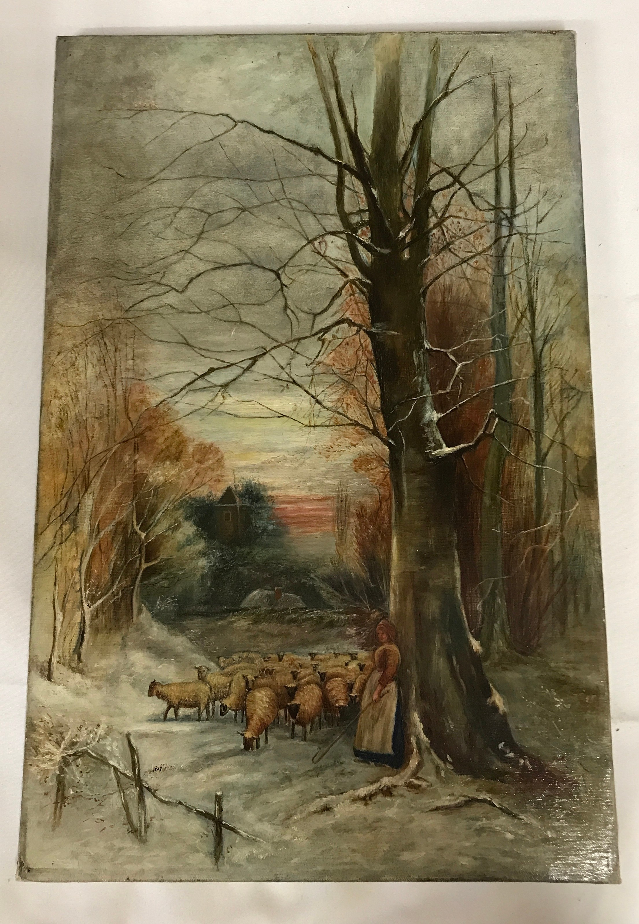 Oil on board of a winter scene depicting sheep and shepherdess, 51 x 33cm. Oil on board of a scene - Image 2 of 8