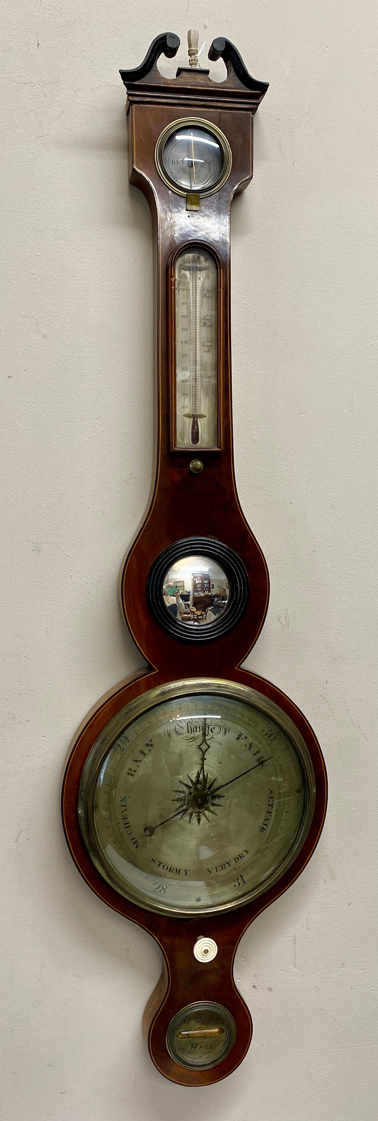 Mahogany banjo barometer by Maspoli of Hull 100cm h.