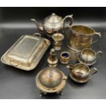 Various silverplate to include a James Dixon jug and sugar, a caviar dish with revolving lid, a