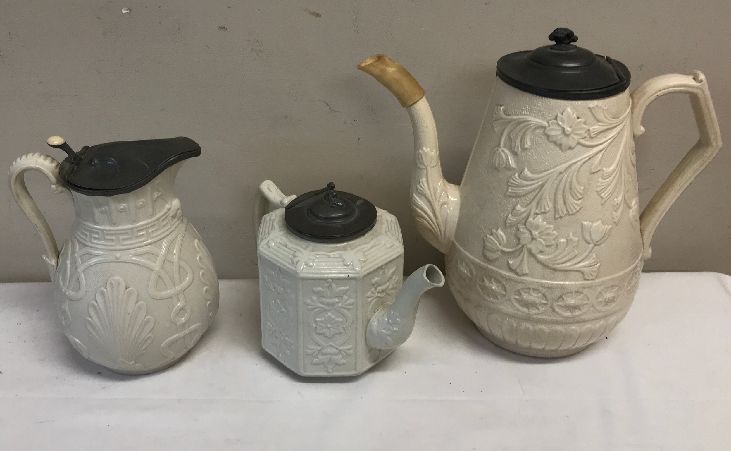 Three 19thC moulded lidded pots, various manufacturers. Largest 23cm h.