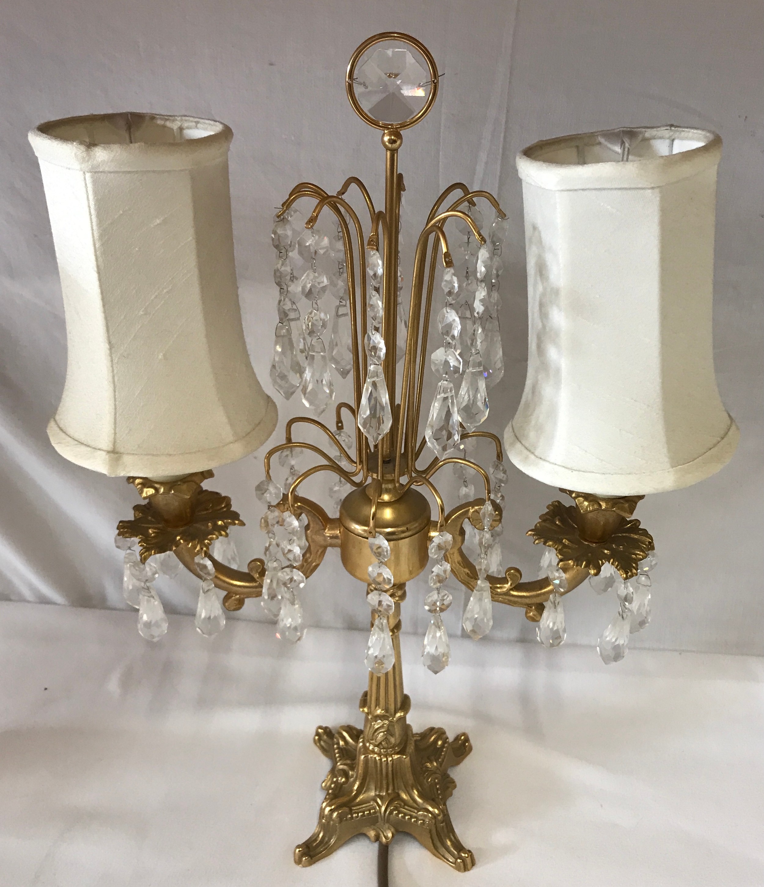 Two cut glass table lamps and one twin branch brass and glass table lamp with lustres 45cm at - Image 2 of 3