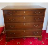 A 19thC mahogany graduating 4 height chest of drawers with brass drop handles. 84 h x 91 w x 48cm d.