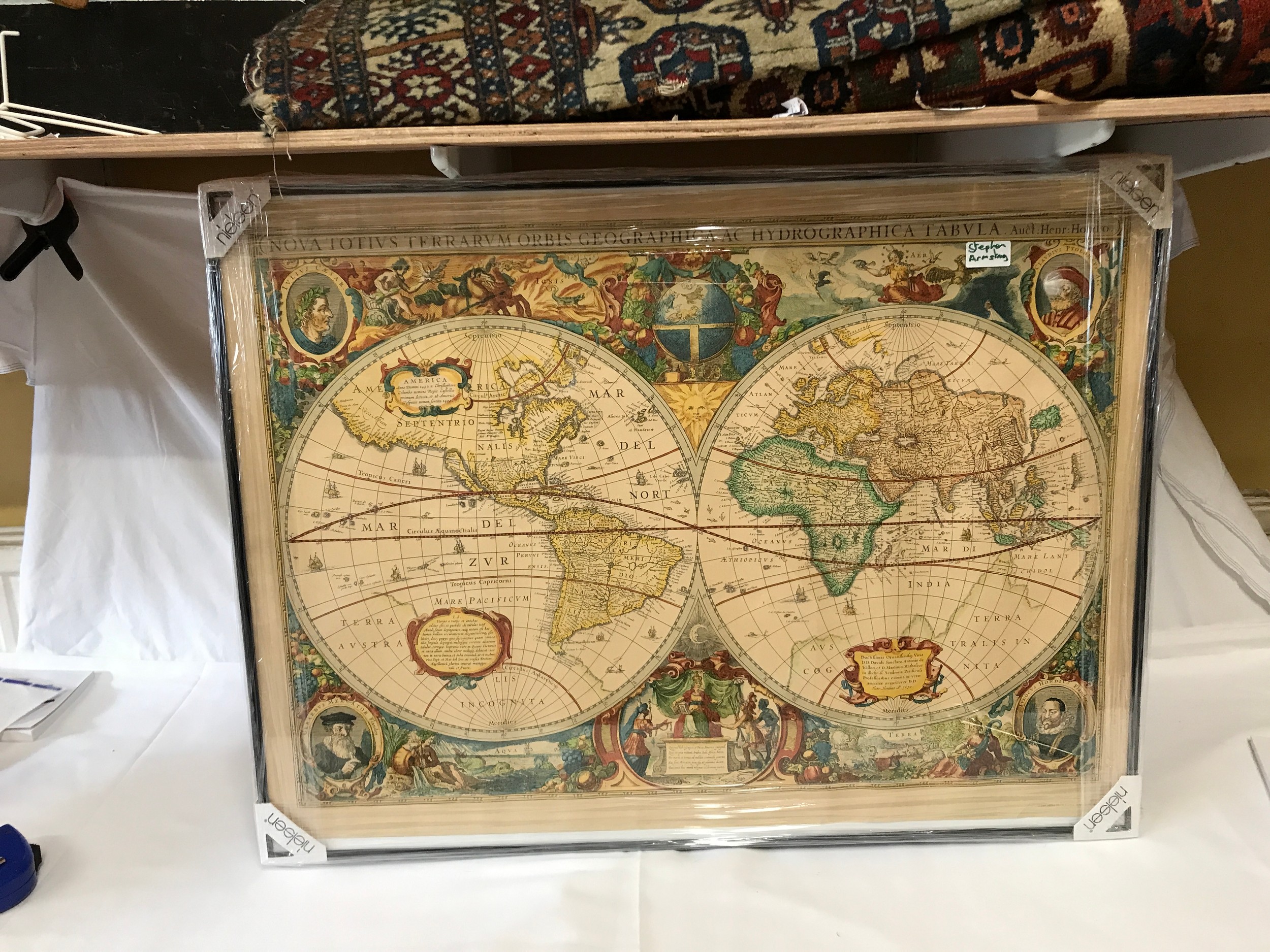 A Vintage Double Hemisphere Map of the World, Dutch Cartography. "Nova et Accvratissma Totivs