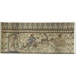 An applique picture 44 x 104cm depicting a scene of travellers and their animals.