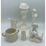 Five pieces of Royal Worcester tallest 23cm and a Bisque figurine of a child and dog.