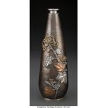 A Japanese Mixed Metals Vase, Yokohama Marks: Sanju Saku mark (turtle in triangle) 9-1/4 x 3 x 3 inc
