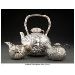 A Three-Piece Sanju Saku Silver Tea Service, Yokohama, Japan, early 20th century Marks: (turtle-in-t