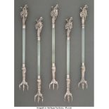 A Set of Five Chinese Export Silver and Serpentine Oyster Forks, early 20th century 9-1/2 x 0-3/4 in