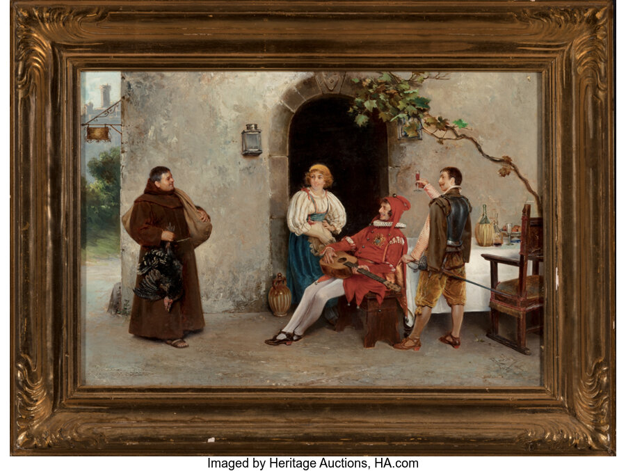 Antonio Rotta (Italian, 1828-1903) A visit from the friar Oil on panel 13-3/4 x 20 inches (34.9 x 50 - Image 2 of 3