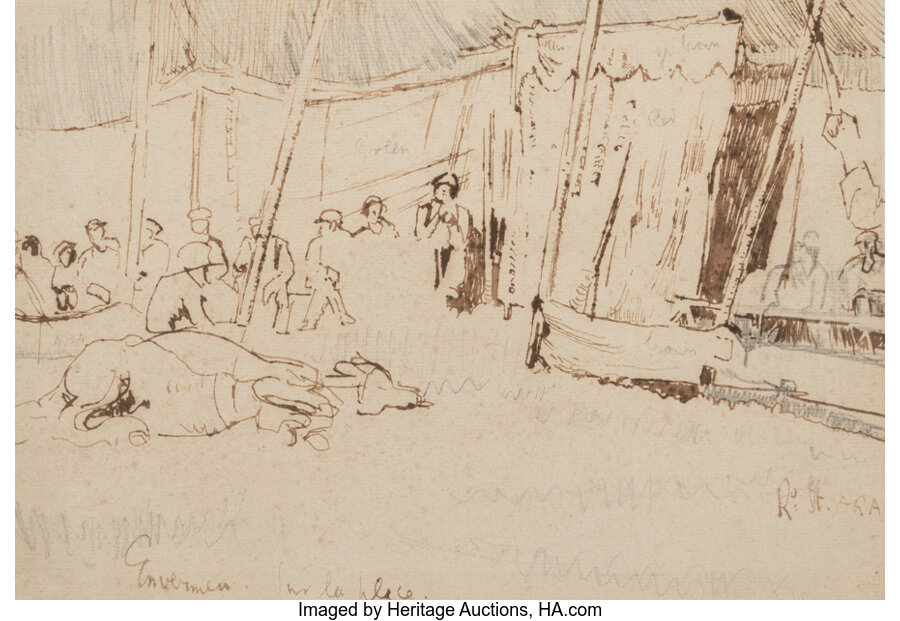 Walter Richard Sickert (British, 1860-1942) Envermen sur la place Pencil and brown ink on laid paper