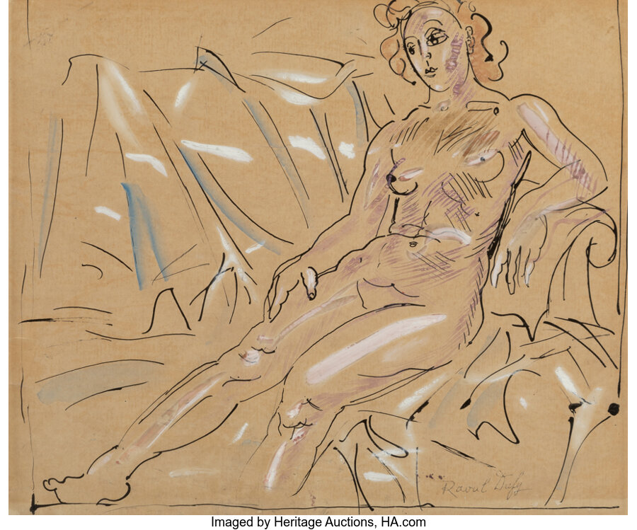Raoul Dufy (French, 1877-1953) Nu allongé sur canapé, circa 1939 China ink, gouache, and watercolor 