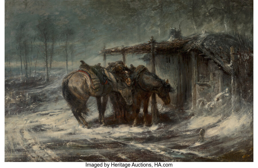 Adolf Schreyer (German, 1828-1899) Wallachian blizzard Oil on canvas 45-1/4 x 68 inches (114.9 x 172