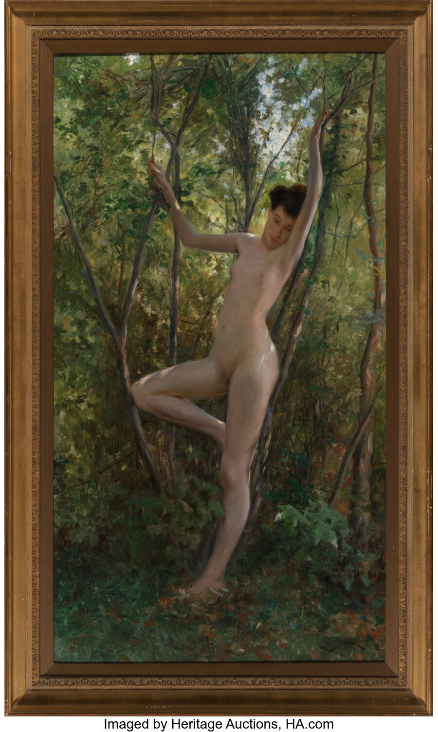 Julius L. Stewart (American, 1855-1919) A wood nymph, 1904 Oil on canvas 59 x 34 inches (149.9 x 86. - Image 2 of 3