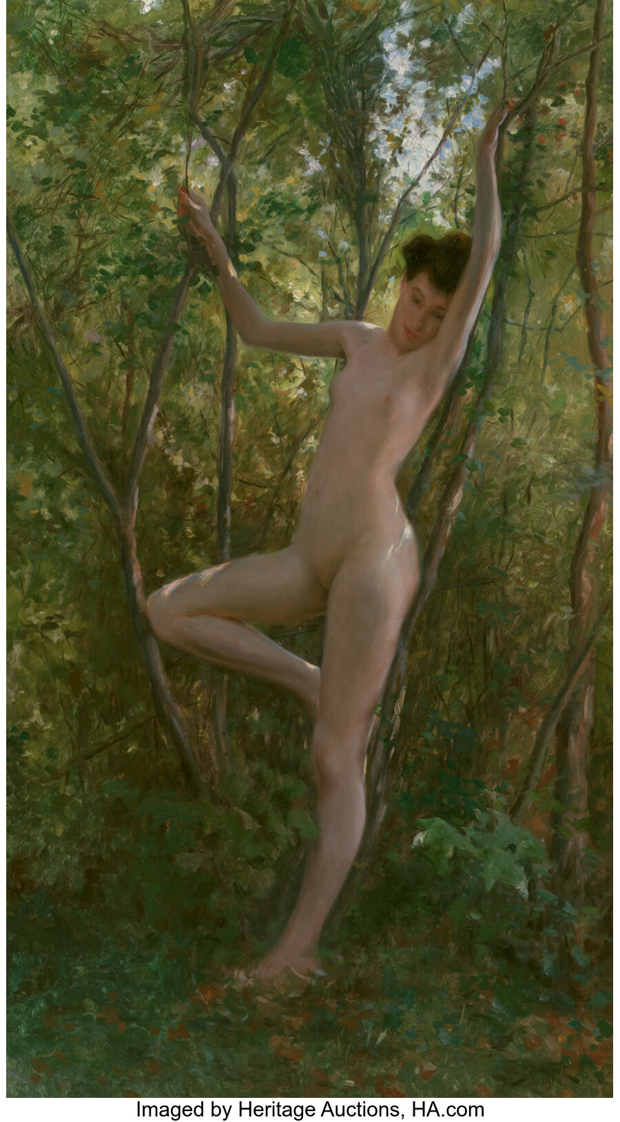 Julius L. Stewart (American, 1855-1919) A wood nymph, 1904 Oil on canvas 59 x 34 inches (149.9 x 86.