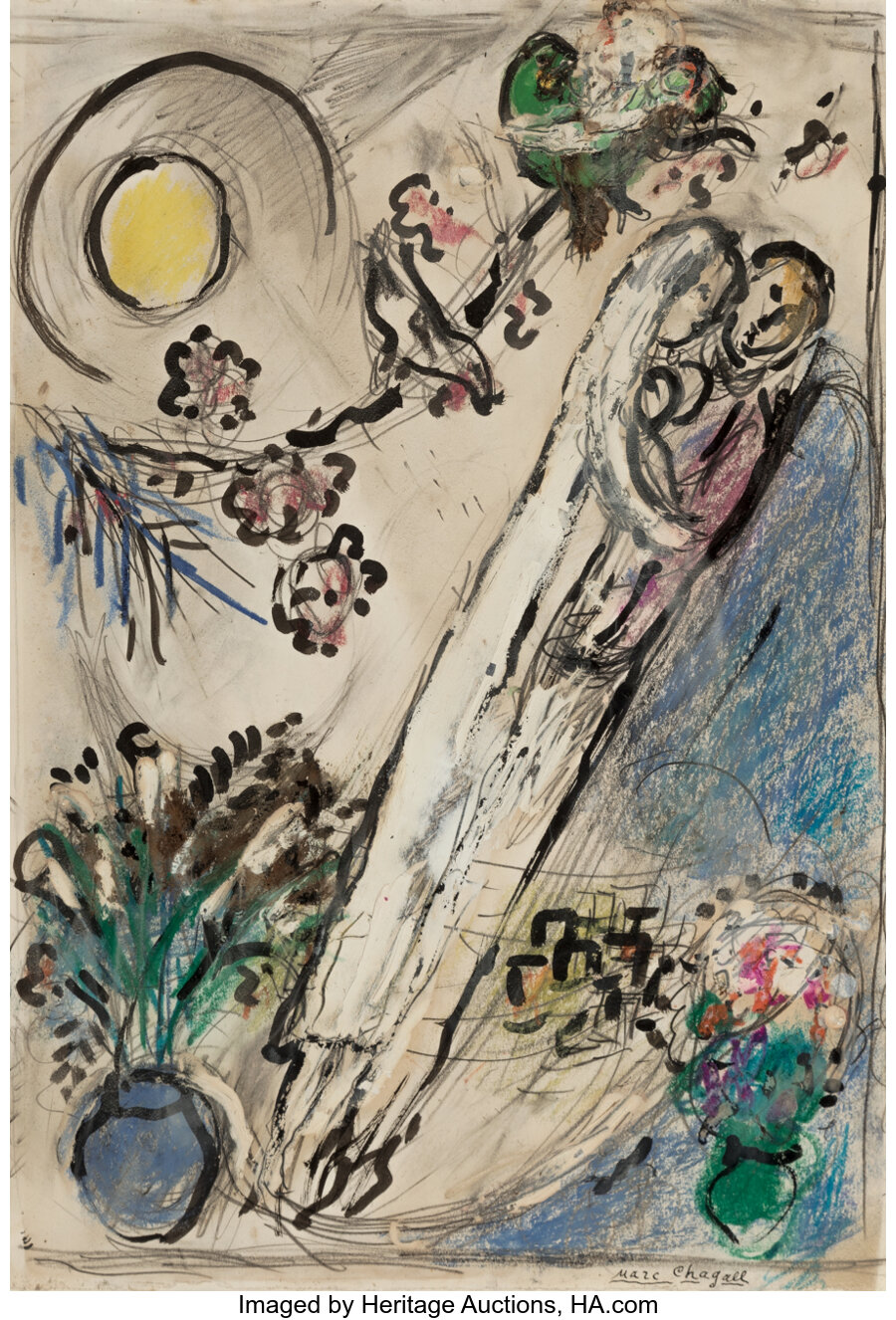 Marc Chagall (French/Russian, 1887-1985) Esquisse pour "Les fiancés à l'oiseau" (Le mariage), circa 