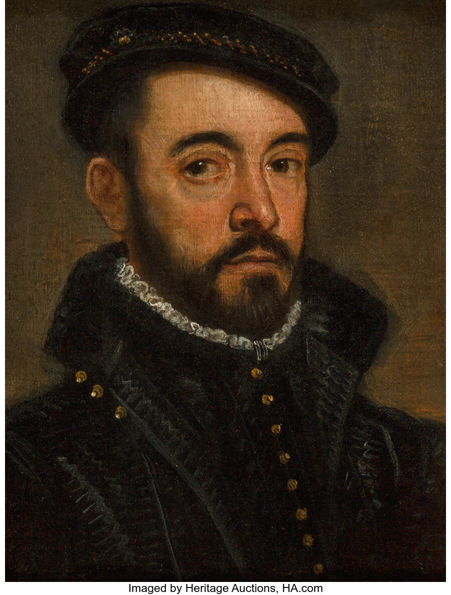 Manner of Giovanni Battista Moroni (Italian, 1520-1578) Portrait of a gentleman in a black cap and d