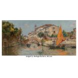Antonio María de Reyna Manescau (Spanish, 1859-1937) On the canal, Venice Oil on canvas 14-1/4 x 29-