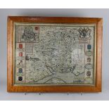 A framed John Speed map of Hampshire, 'Hantshire described and devided', with Latin text verso, 39cm