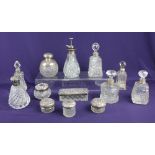 A sterling silver mounted glass perfume diffuser seven various silver mounted glass scent bottles