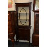 An early 20th century narrow mahogany display cabinet with glazed panel door enclosing two shelves