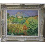 Emile Colinus (French 1884-1969), French landscape view of grapevines in a field, buildings and