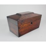 A 19th century rosewood sarcophagus shaped tea caddy, 28cm