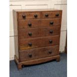 An oak chest of two short over three long drawers with knob handles on bracket feet, 85cm