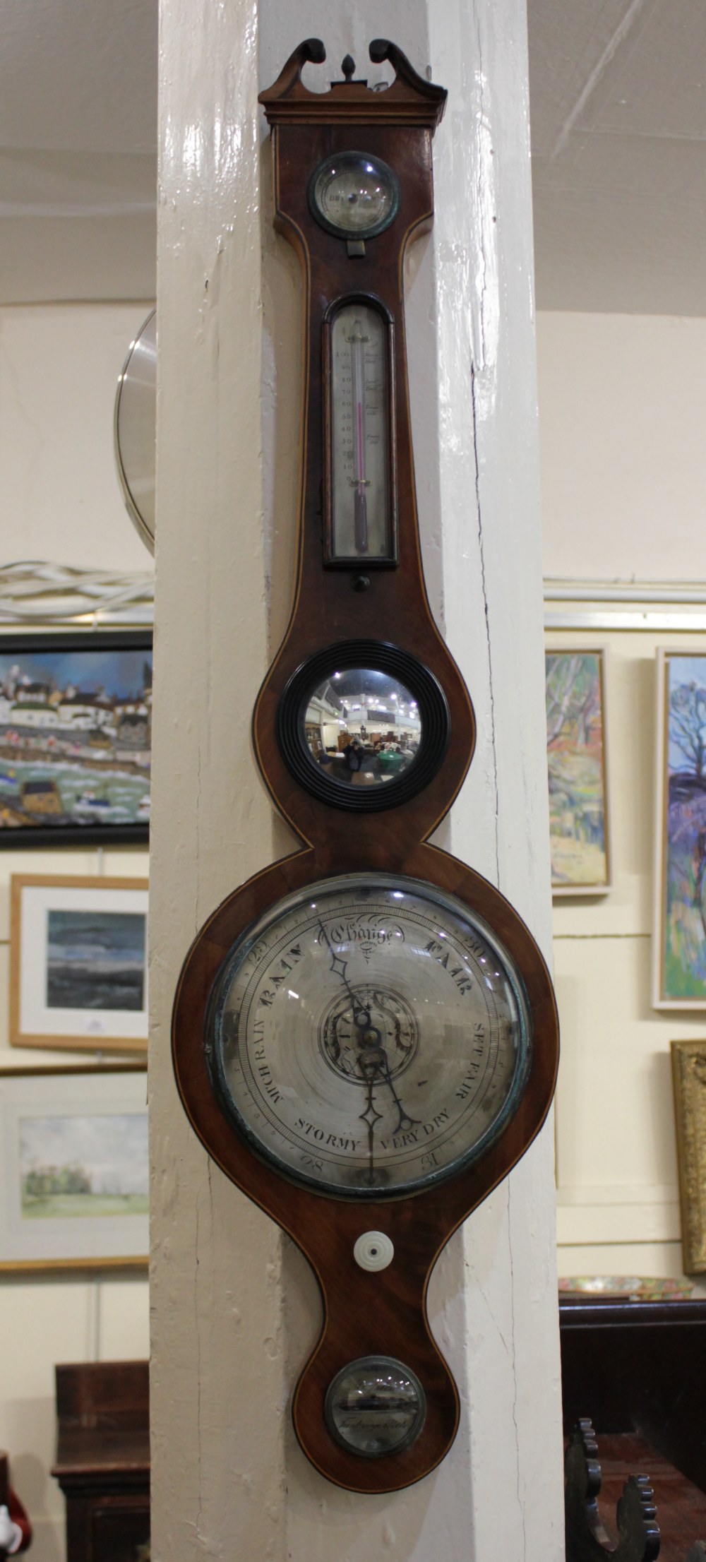 A 19th century wall barometer banjo shaped with swan neck top, plaque marked A Solca Tunbridge Wells