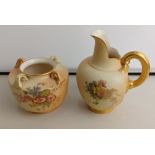 A Royal Worcester blush ivory porcelain flat back jug and small vase, both with floral decoration