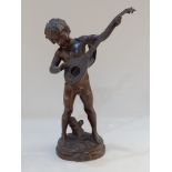 After Auguste Moreau, a bronze figure of a semi nude boy playing a mandolin, inscribed Prelude,