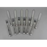 A set of six Victorian Kings pattern silver fish knives and forks with silver blades and filled