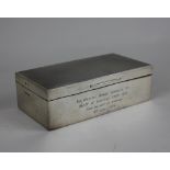 A modern silver cigarette box rectangular shape with engine turned engraved lid, presentation