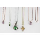 Two amethyst pendant necklaces, together with four pendant necklaces, three gem set, all marked '