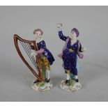 Two Derby porcelain figures, a musician playing a harp 14cm high, and a figure wearing a turban