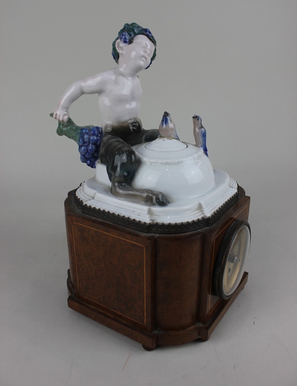 A small porcelain mounted burr wood mantle clock, Swiss movement by Franz Morawetz Wien, mounted - Image 2 of 2